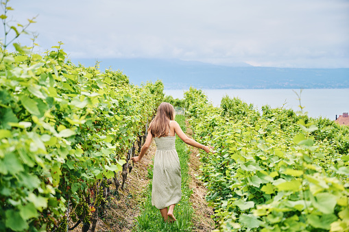 Outdoor landscape portrait of young girl walking in vineyards, wearing long green, dress, back view