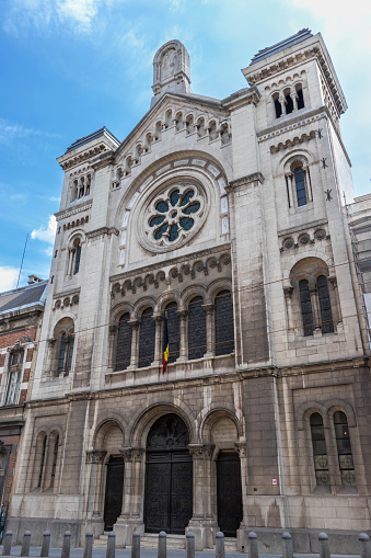 Saint-Brieuc, France - July 31, 2019: Front view of the western facade of the neoclassical church of Saint-Michel in the historic center of the city.