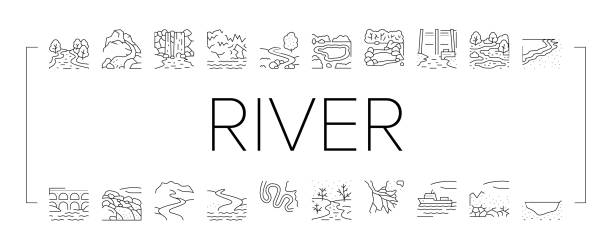 bildbanksillustrationer, clip art samt tecknat material och ikoner med river and lake nature landscape icons set vector - forsmark