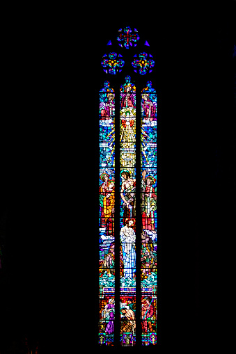 Stained glass window of the Catholic church of Saint-Grégoire de Ribeauvillé, built between 1282 and 1473, at 18/135, 3200 iso, f 5.6, 1/200 second