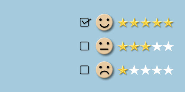 Customer evaluation concept. Check mark to select smile face with five stars on pastel blue background. Customer evaluation concept. Check mark to select smile face with five stars on pastel blue background. copy space for the text. illustration of 3D paper cut design style. customer retention stock illustrations