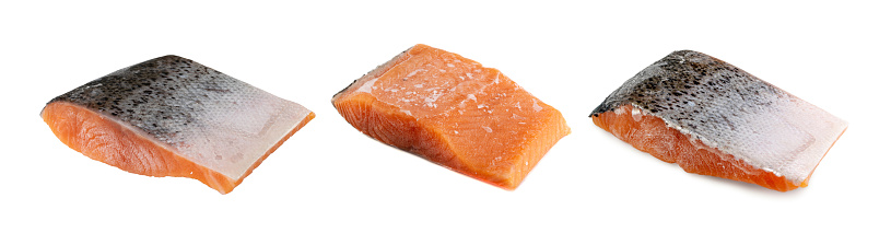 Frozen Iced Salmon Fillet Set Isolated on White Background. Thick Piece of Red Trout Closup