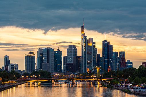 FRANKFURT, GERMANY, 25 JULY 2020: Cityscape image of Frankfurt am Main during sunset.