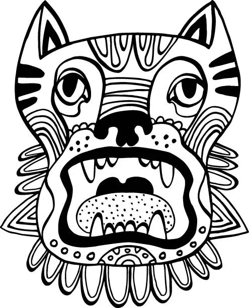 Vector illustration of Hand drawn aggressive dog face line art. Tribal ethnic totem. Graphic style, black and white vector illustration. Perfect for tattoo design or logo.