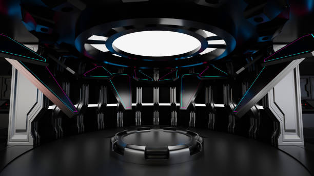 istock Podium in spaceship or space station interior, Sci Fi tunnel, stage for product presentation, 3D rendering. 1399175295
