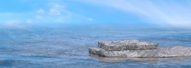 istock Stone podium in the clear sea. Seascape with rocks. 3D Render 1399175631