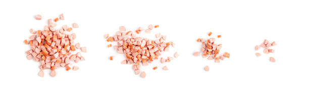 Diced Ham Isolated on White Background, Chopped Boiled Sausage