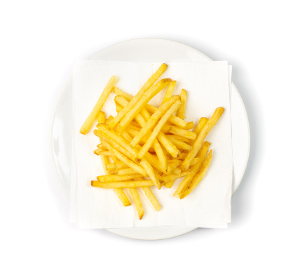 French Fries on Plate Isolated. Fried Potato Sticks with Skin, Golden Fries Pile, Roasted Potatoes Heap, Finger Chips, Frites on White Background Top View