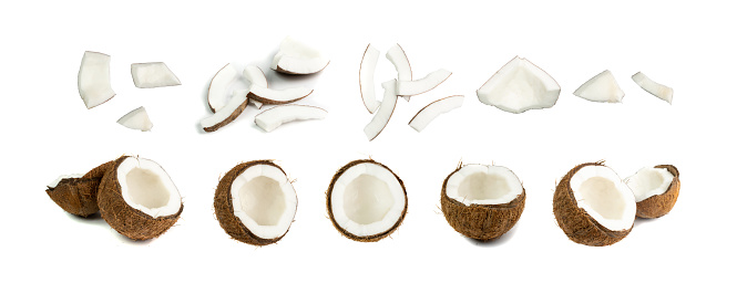 Coconut pieces set isolated. Fresh brown cocos cut on white background, sweet coco nut slices
