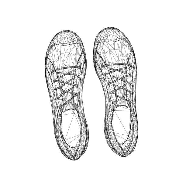 istock Wireframe of sports sneakers from black lines isolated on white background. View from above. 3D. Vector illustration. 1399177066