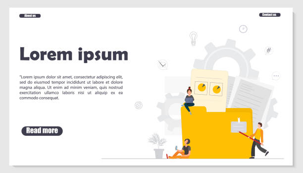 フォルダにドキュメントを置く人々のランディングページ、デジタルデータストレージ、ネットワークワークフローの概念、オンラインファイル交換システム、フラットベクターイラスト - filing cabinet archives filing documents file点のイラスト素材／クリップアート素材／マンガ素材／アイコン素材
