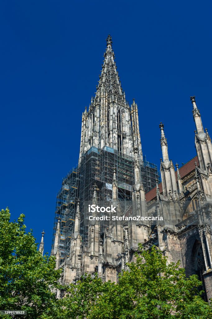 The belltower of Ulm Cathedral, the tallest church in the world, Germany Architecture Stock Photo