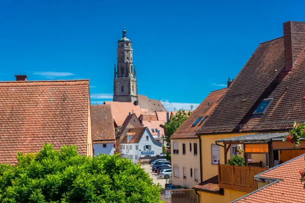 View of the houses of the historic center of Nordlingen from the city walls, Germany