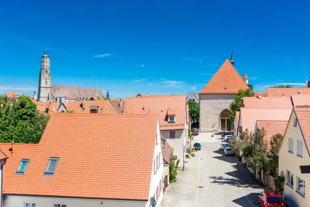 View of the houses of the historic center of Nordlingen from the city walls, Germany