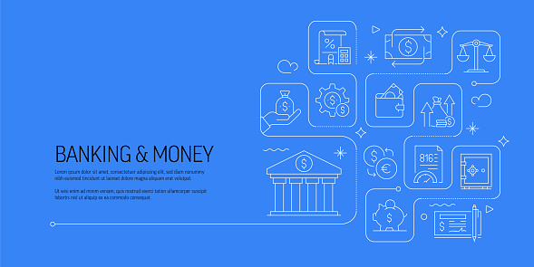 Banking and Money Related Vector Banner Design Concept, Modern Line Style with Icons