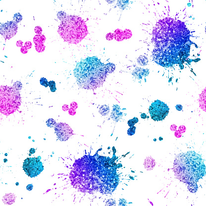 Hand Painted Watercolor Splashes Seamless Pattern Background. Rainbow Colored Glittering Paint Blots Isolated. Multicolored Ink Pattern. Design Element for Greeting Cards and Labels, Abstract Background.