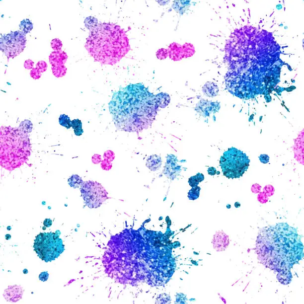 Vector illustration of Hand Painted Watercolor Splashes Seamless Pattern Background. Rainbow Colored Glittering Paint Blots Isolated. Multicolored Ink Pattern. Design Element for Greeting Cards and Labels, Abstract Background.