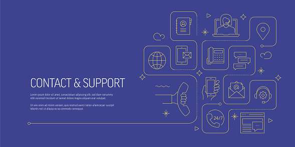 Contact and Support Related Vector Banner Design Concept, Modern Line Style with Icons