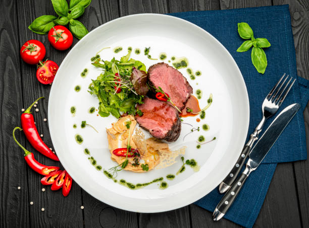 istock Veal medallion with salad and hummus hummus 1399179435
