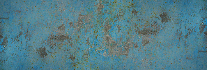Blue vintage texture. Old rough rusty painted wall surface. Grunge background with space for design. Web banner. Wide. Panoramic.