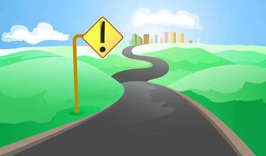 Highway to the big city in perspective vector illustration with blue sky background