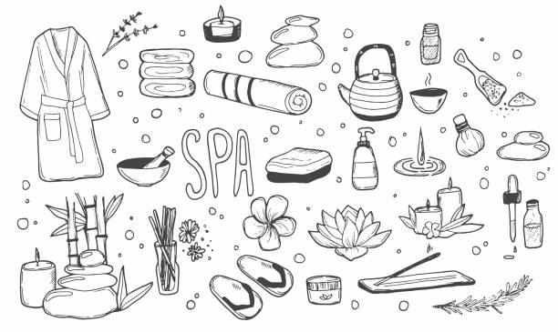 illustrazioni stock, clip art, cartoni animati e icone di tendenza di spa doodle set. aromaterapia disegnata a mano, cura del corpo, salone di bellezza e accessori per massaggi tailandesi. disegni vettoriali isolati su sfondo bianco. - trattamento di benessere