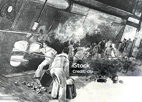 istock Heating marines in a battleship, Coal shoveling into the furnace 1399182974
