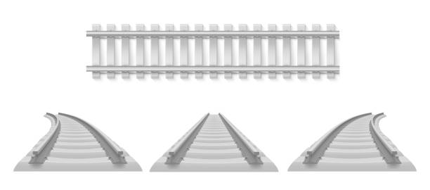 Realistic railway set vector illustration. Collection metallic train track. Industrial tram line Realistic railway set vector illustration. Collection metallic train track straight, turn, top view, perspective. Industrial tram line, road for locomotive wagons with rails, fastening concrete ties railroad track on white stock illustrations