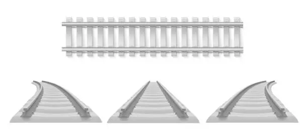 Vector illustration of Realistic railway set vector illustration. Collection metallic train track. Industrial tram line