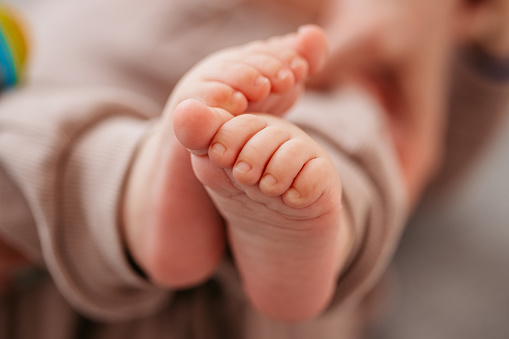 Close-up of a newborn baby boy's feet.