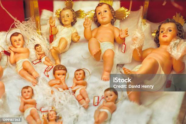 Creche Supplies In In A Shop Window In Naples Stock Photo - Download Image Now - Alley, Art, Boutique