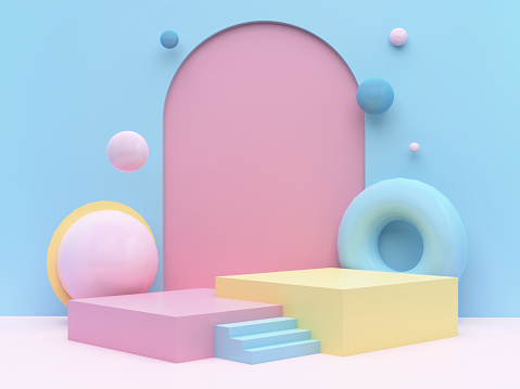Stage podiums with spheres and rubber rings on pink arch on blue wall. Pedestal for kid product presentation. Geometric 3D render