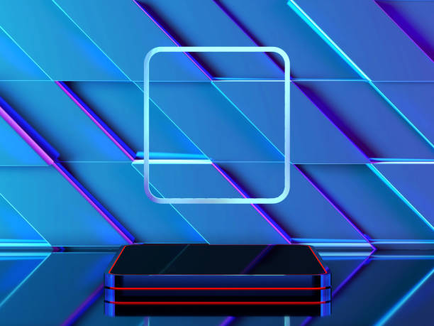 istock Futuristic podium and background concept. Square stage platform and background with blue and purple LED light for product display advertising 3D render 1399189635