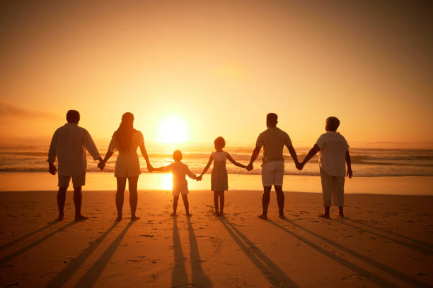 rückansicht der mehrgenerationen-familie am strand. unbeschwerte familie mit zwei kindern, zwei eltern und großeltern, die händchen halten und den sonnenuntergang am strand beobachten - family grandmother multi generation family nature stock-fotos und bilder