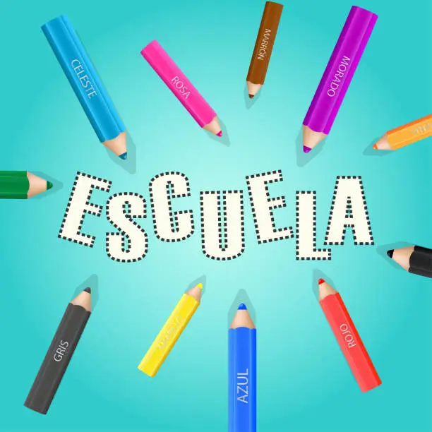 Vector illustration of Colorful wooden pencils colorizing the spanish word escuela. Names of colors: rojo, naranja, amarillo, verde, celeste, azul, morado, rosa, marron, gris, negro. Blue background. Vector illustration