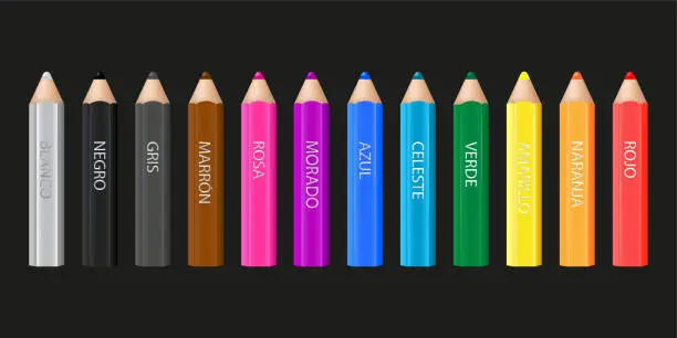 Vector illustration of 12 colorful wooden pencils. Names of colors in spanish: rojo, naranja, amarillo, verde, celeste, azul, morado, rosa, marron, gris, negro, blanco. Vector design.