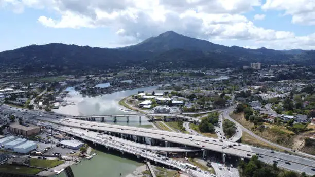 Aerial view of Mt Tamalpais looking east over US-101 and Corte Madera Creek.