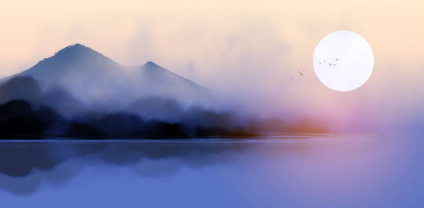 istock Landscape with blue misty mountains reflecting in water on sunrise background. Traditional oriental ink painting sumi-e, u-sin, go-hua. 1399192426