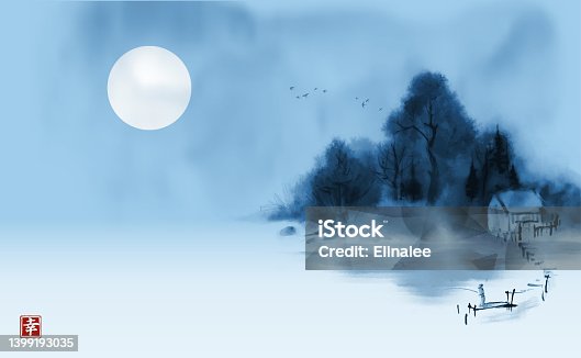 istock Blue landscape with fisherman by misty riverside. Traditional oriental ink painting sumi-e, u-sin, go-hua. Hieroglyph - happiness. 1399193035
