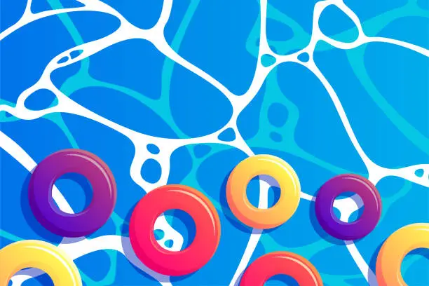 Vector illustration of Summer background with fresh vibrant water and swimming circles. Tropical holiday vacation on hot beach wallpaper with empty space for text.