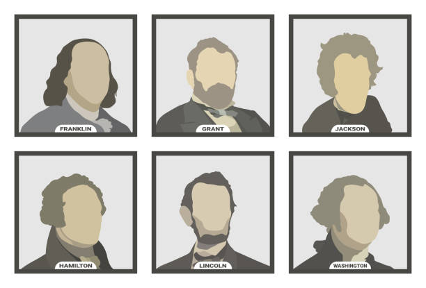 ilustrações de stock, clip art, desenhos animados e ícones de benjamin franklin, ulysses s. grant, andrew jackson, alexander hamilton, abraham lincoln and george washington, politicians and presidents of the united states of america. stylized vector portraits - close up one dollar bill history finance