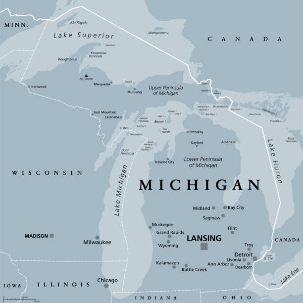 ilustraciones, imágenes clip art, dibujos animados e iconos de stock de michigan, mi, mapa político gris, estado de ee.uu., el estado del gran lago - michigan