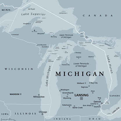 Michigan, MI, gray political map, US state, The Great Lake State