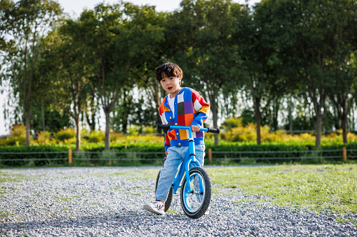 A lovely little asian boy, about 4 years old. Wearing colorful sweaters, riding a bike in the park.