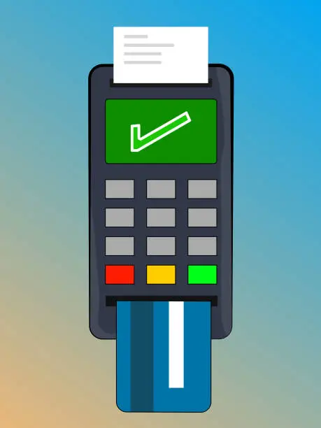 Vector illustration of Wireless banking terminal on a gradient background with a debit or credit card inserted and your ticket coming out