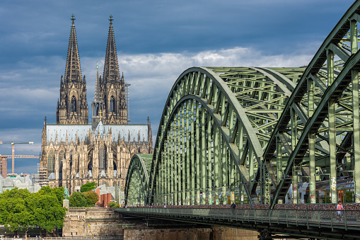 COLOGNE, GERMANY, 23 JULY 2020: Cityscape of the Cathedral and the Hohenzollern Bridge