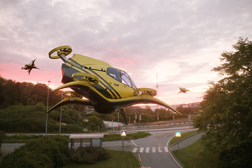 Taxi eVTOL-Electric Vertical Take Off is flying in the city. (3d render)