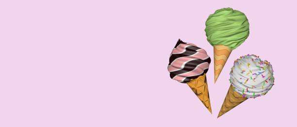 istock Three bright ice creams on a light pink background with space for text. 1399197129
