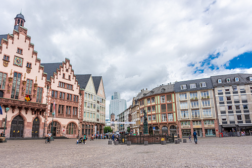 FRANKFURT, GERMANY, 25 JULY 2020: Beautiful half-timbered houses and architecture in the main square of the historic center