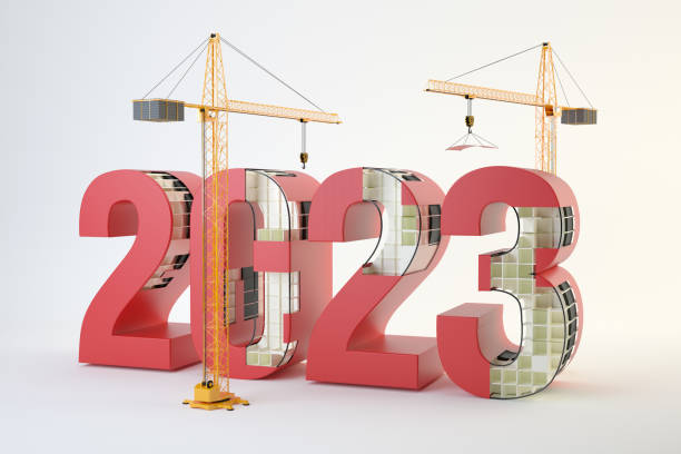 istock 2023 and cranes, 3d illustration 1399199198